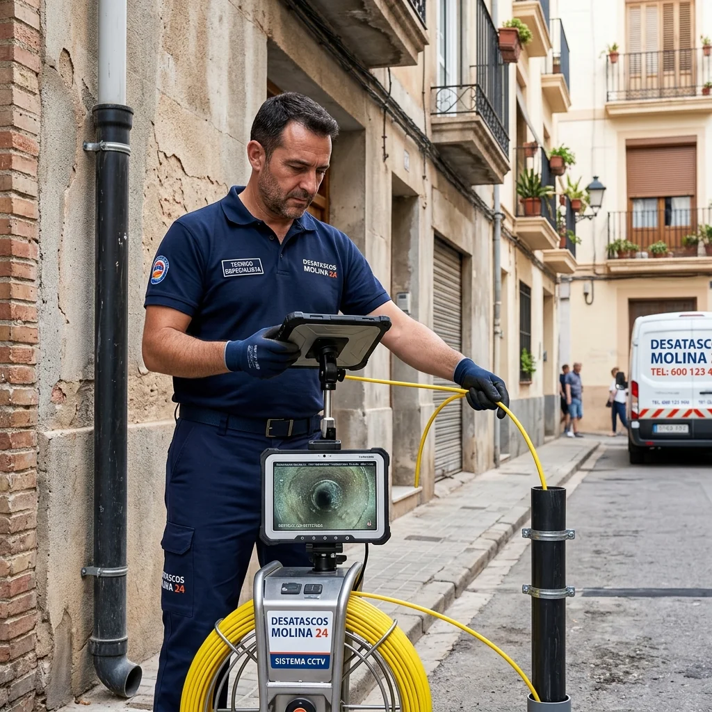 Técnico con cámara CCTV inspeccionando bajante comunitaria en edificio de Murcia